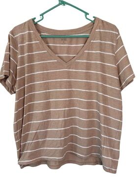 3/$20 a.n.a Tan and White Striped V-Neck Short Sleeve Tee